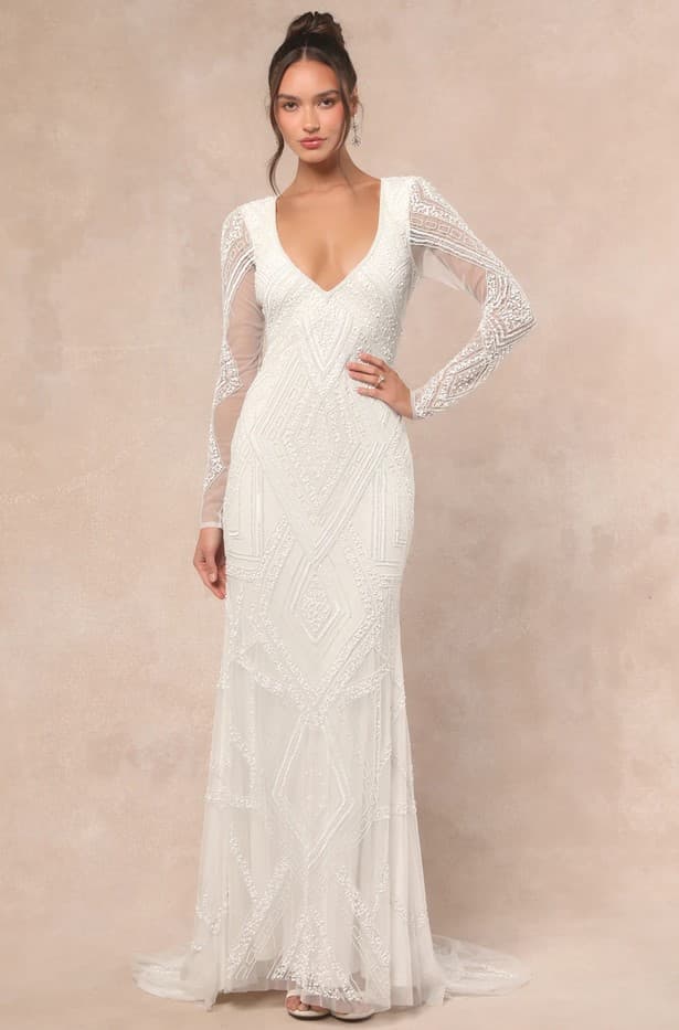 Deedra White Sequin Beaded Backless Maxi Dress