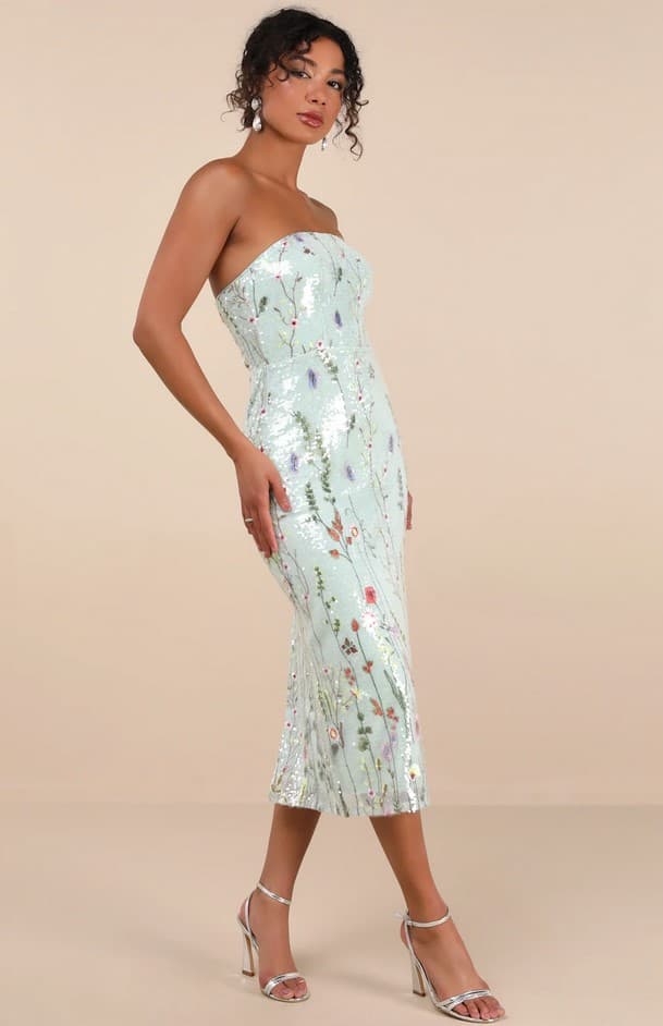 Malene Mint Floral Sequin Strapless Midi Dress