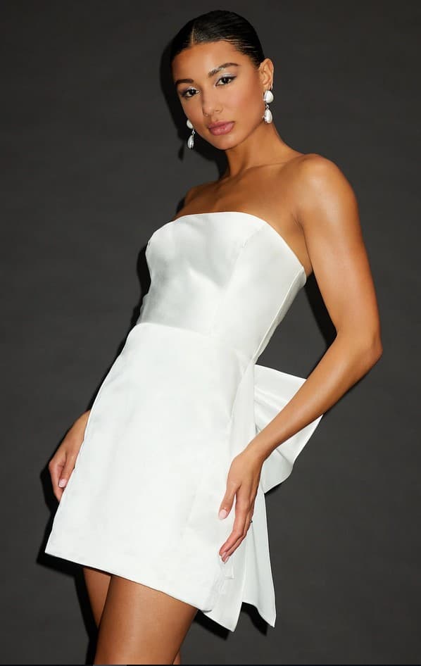 Soiree Hour White Satin Strapless Bow Mini Dress