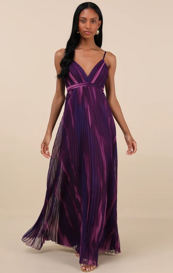 Lovely Boldness Purple Multi Watercolor Pleated Maxi Dress