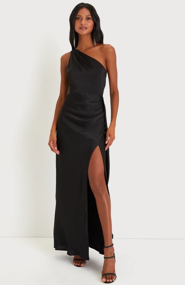 Signature Elegance Black Satin One-Shoulder Maxi Dress