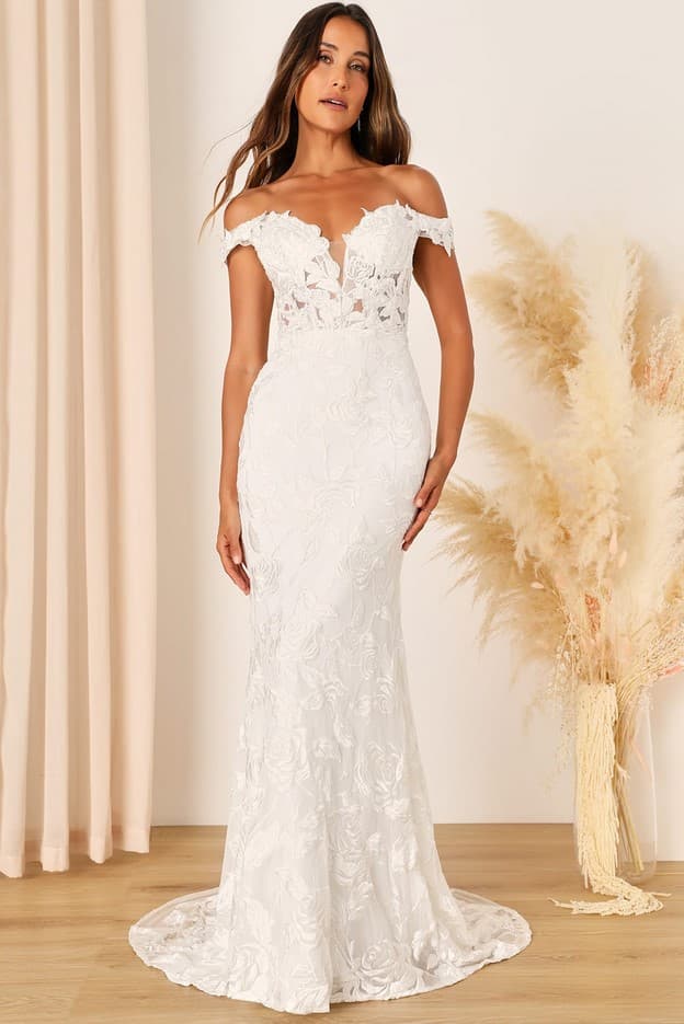 Precious Romance White Embroidered Off-The-Shoulder Maxi Dress