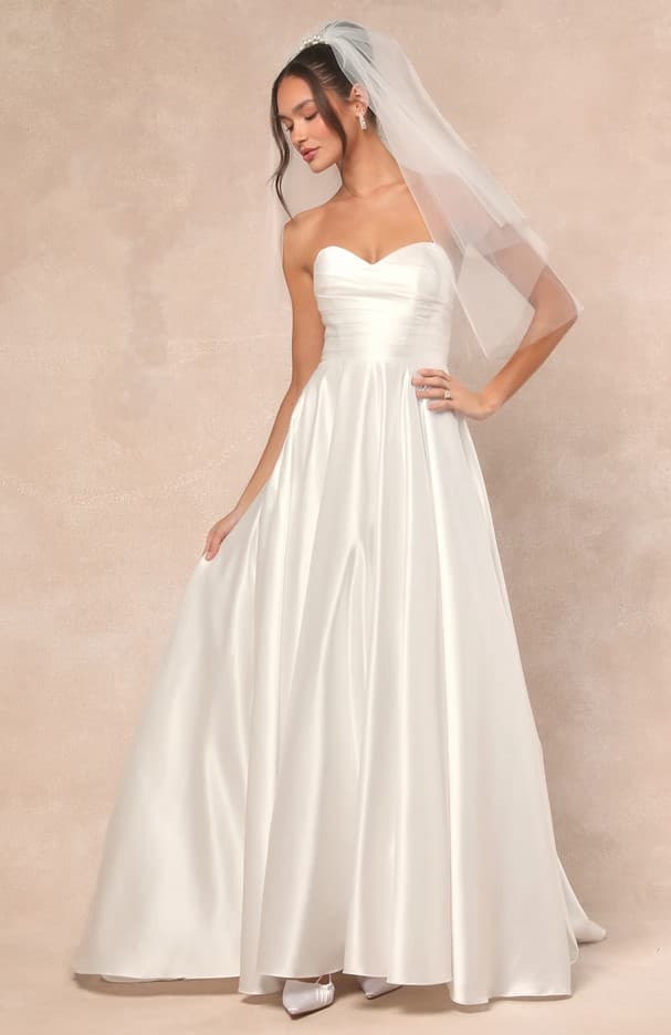 Khalida White Satin Pleated Strapless Gown