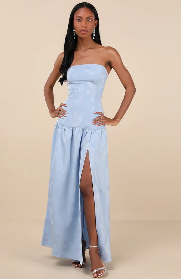 Gemmi Light Blue Satin Jacquard Drop Waist Maxi Dress