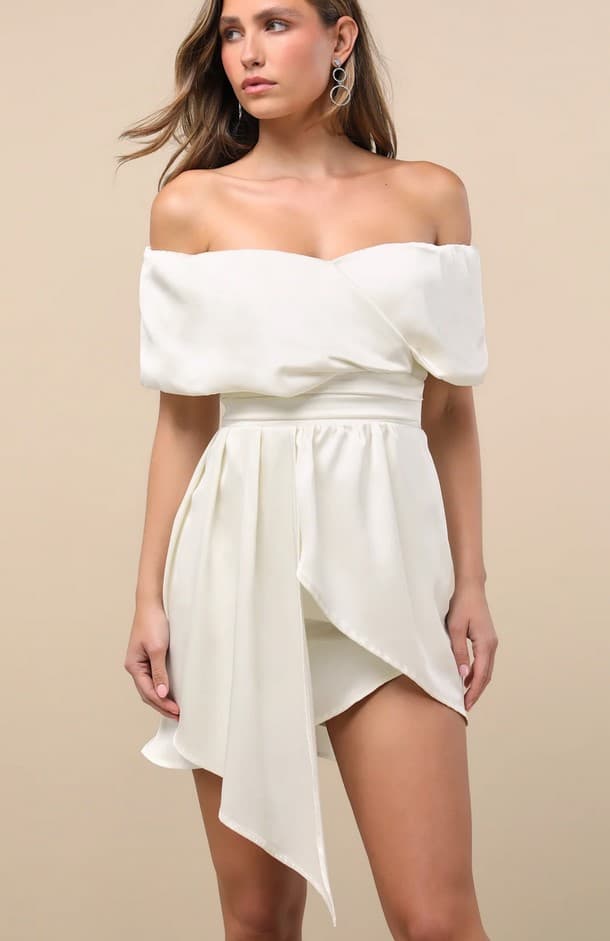 Always Celebrating Ivory Satin Off-The-Shoulder Mini Dress