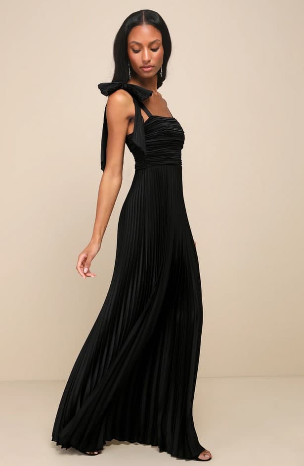 Gorgeous Purpose Black Satin Pleated Sleeveless Bow Maxi Dress