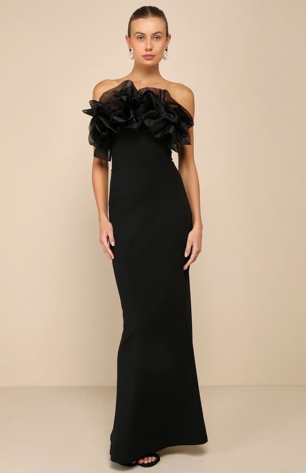 Evening Excellence Black Ruffled Strapless Mermaid Maxi Dress