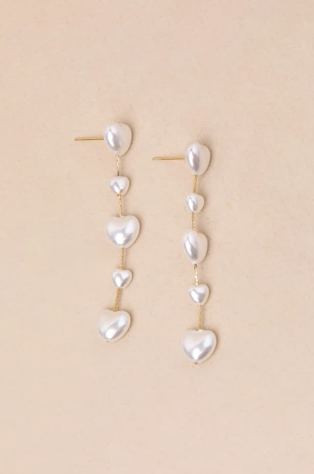 Endlessly Lovable Gold And White Pearl Heart Drop Earrings