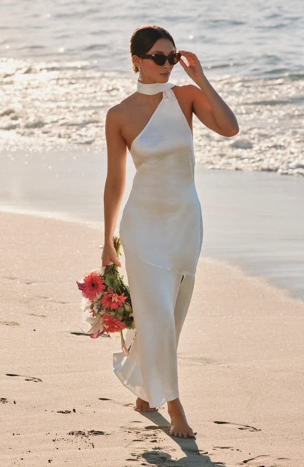 Reglan White Satin One-Shoulder Sash Midi Dress