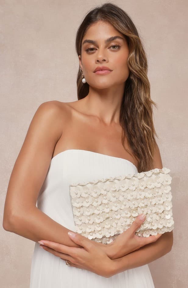 Sparking Perfection Ivory Floral Sequin Pearl Clutch
