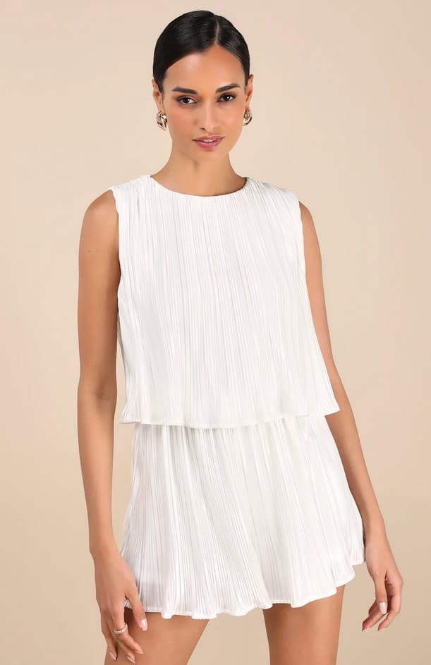 Chic Lavishness White Satin Plisse Sleeveless Romper