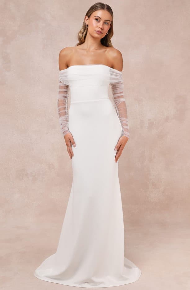 Beautifully Beloved White Mesh Off-The-Shoulder Maxi Dress