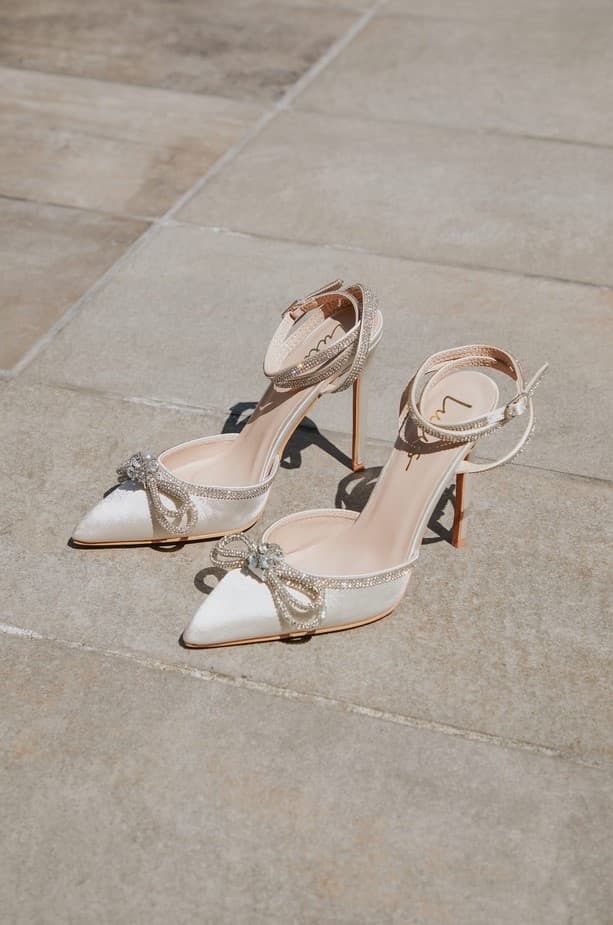 Lullie White Satin Rhinestone Ankle Strap Pointed-Toe Pumps