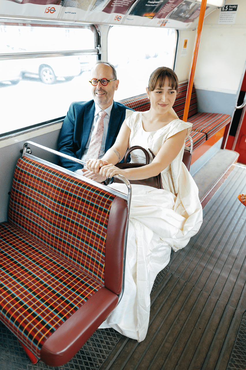 Bride and father, london bus