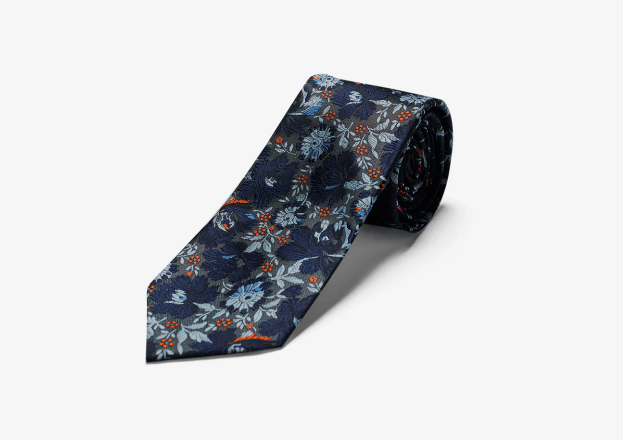 Blue Gray Floral Long Tie