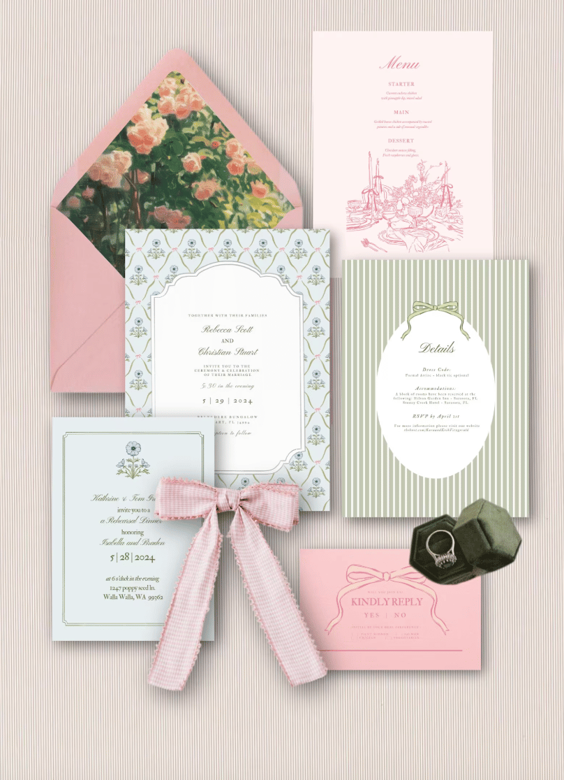 Cosmos & Bows Wedding Invitation Suite