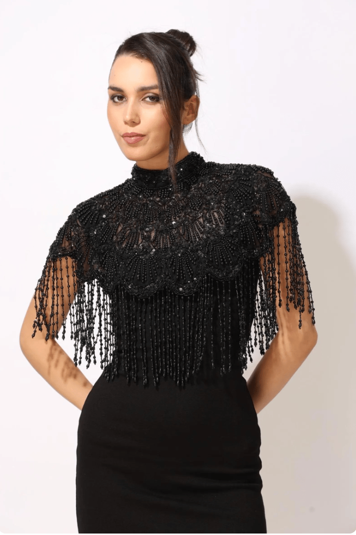 Black Embroidered Beaded Cape