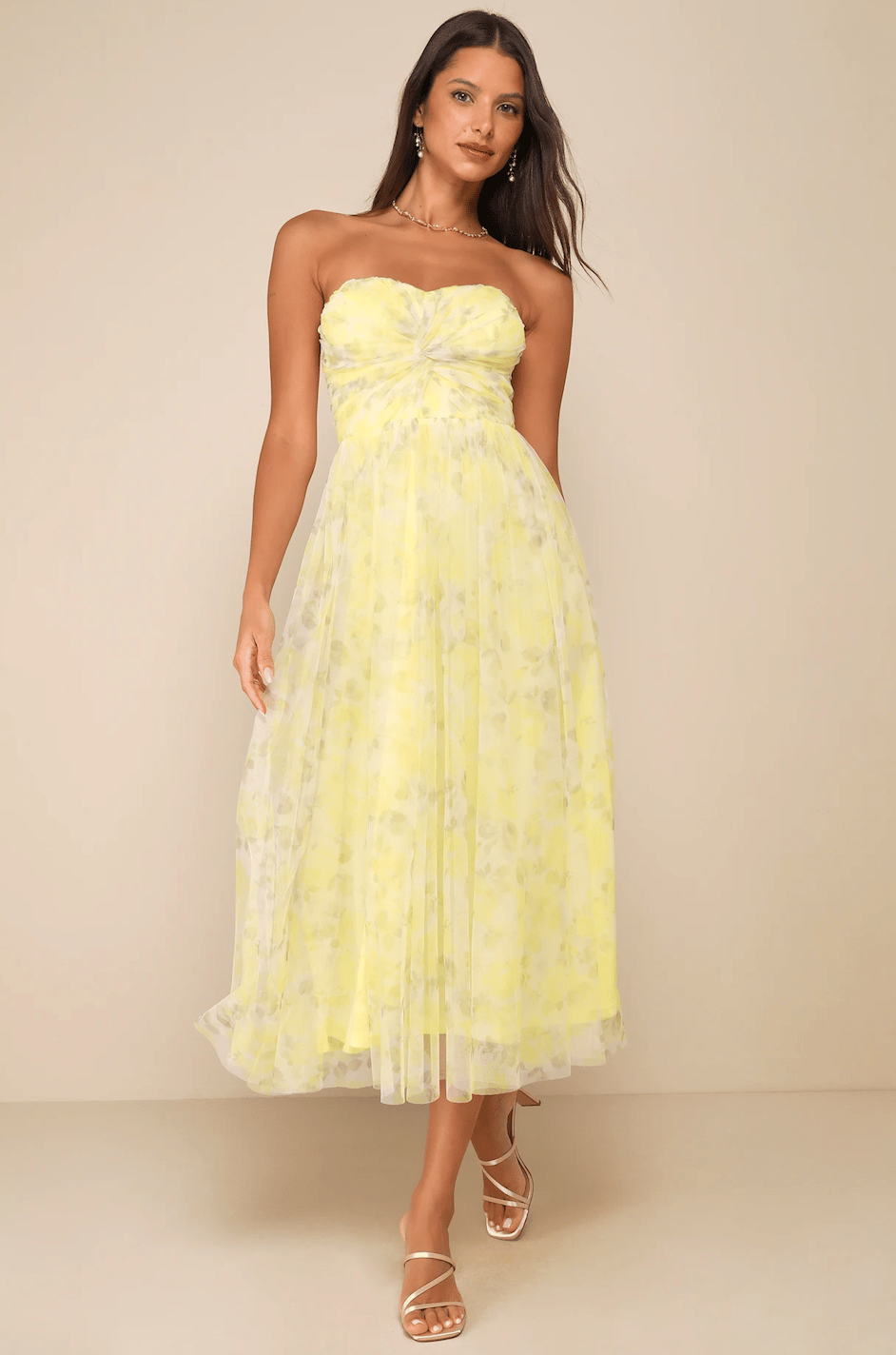 Perfect Whimsy Yellow Floral Mesh Strapless Midi Dress