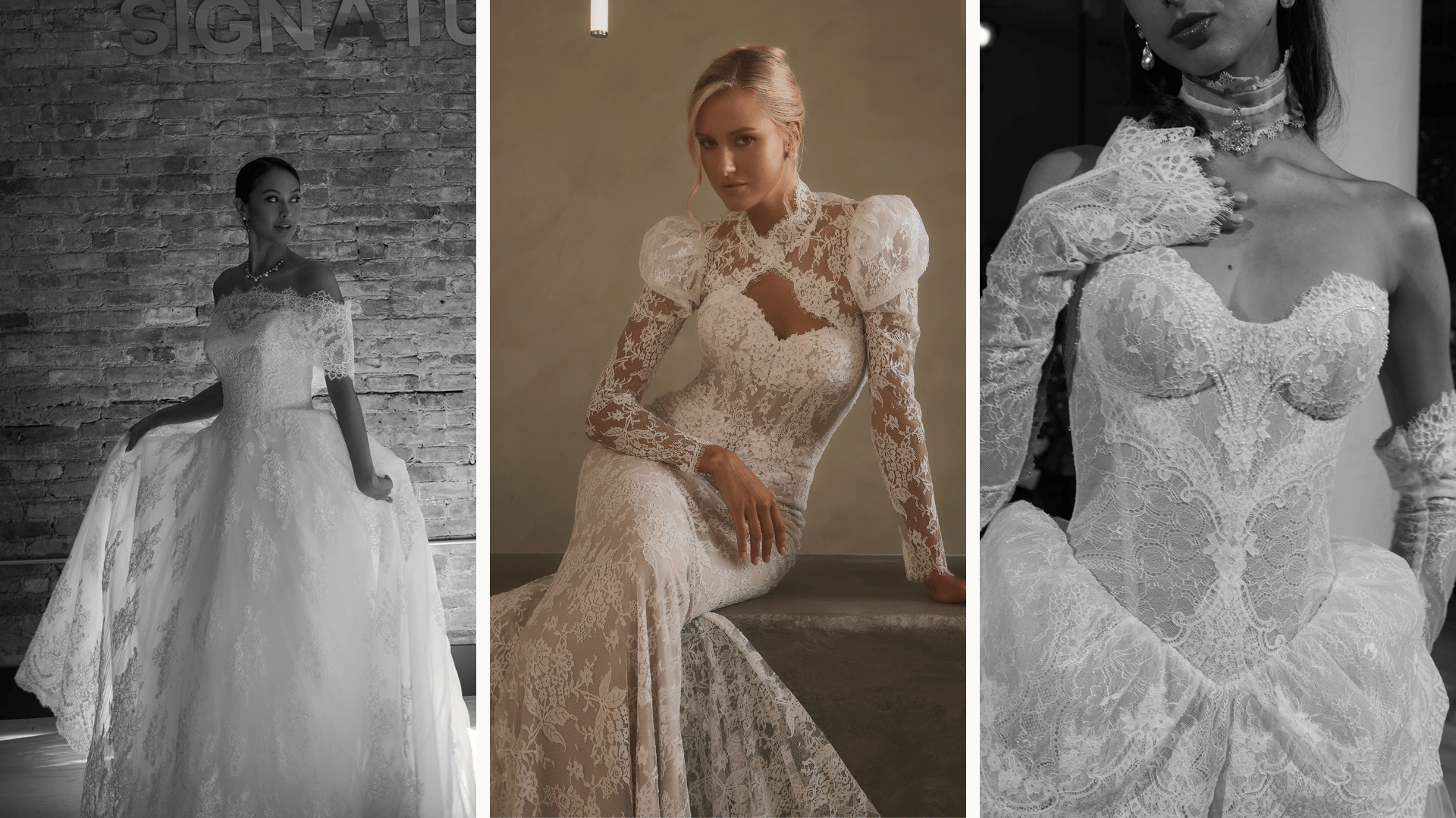 Photos 1 and 3 by Alicia Rinka, Designed by Justin Alexander (Left), Casablanca (Middle), Galia Lahav (Right)