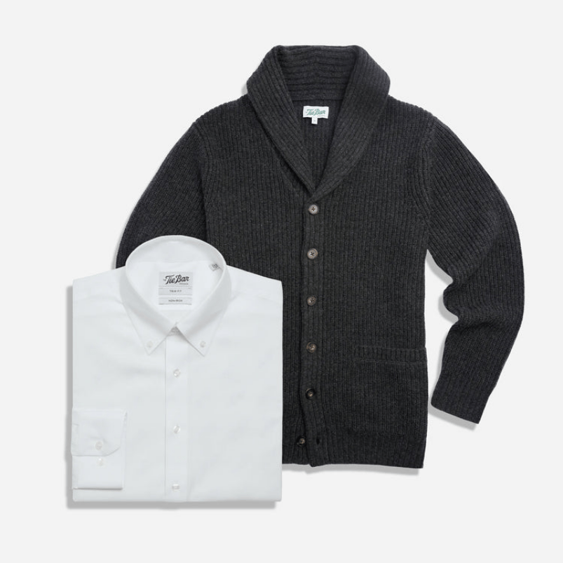 The Merino Heritage Shawl Graphite Sweater and Dress Shirt Set