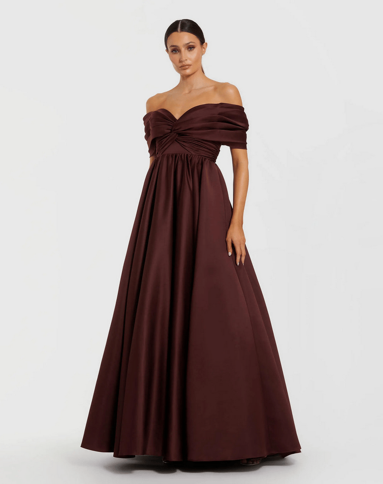 Burgundy Satin Off The Shoulder Twist Evening Ball Gown