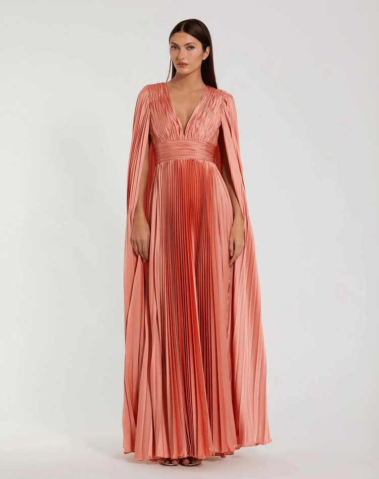 Pleated Charmeuse V Neck Gown With Cape