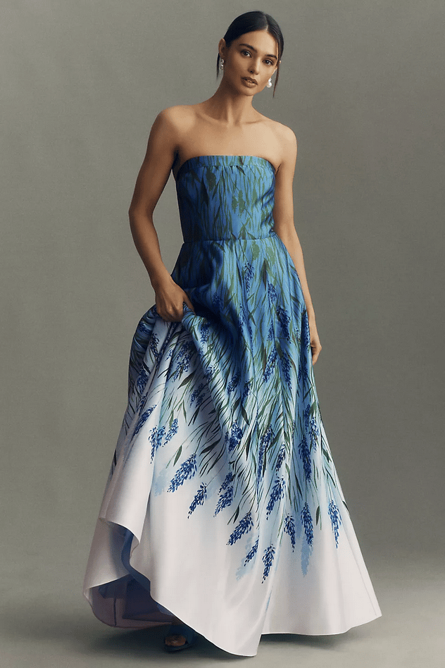 Kira Strapless Printed Satin A-Line Maxi Dress