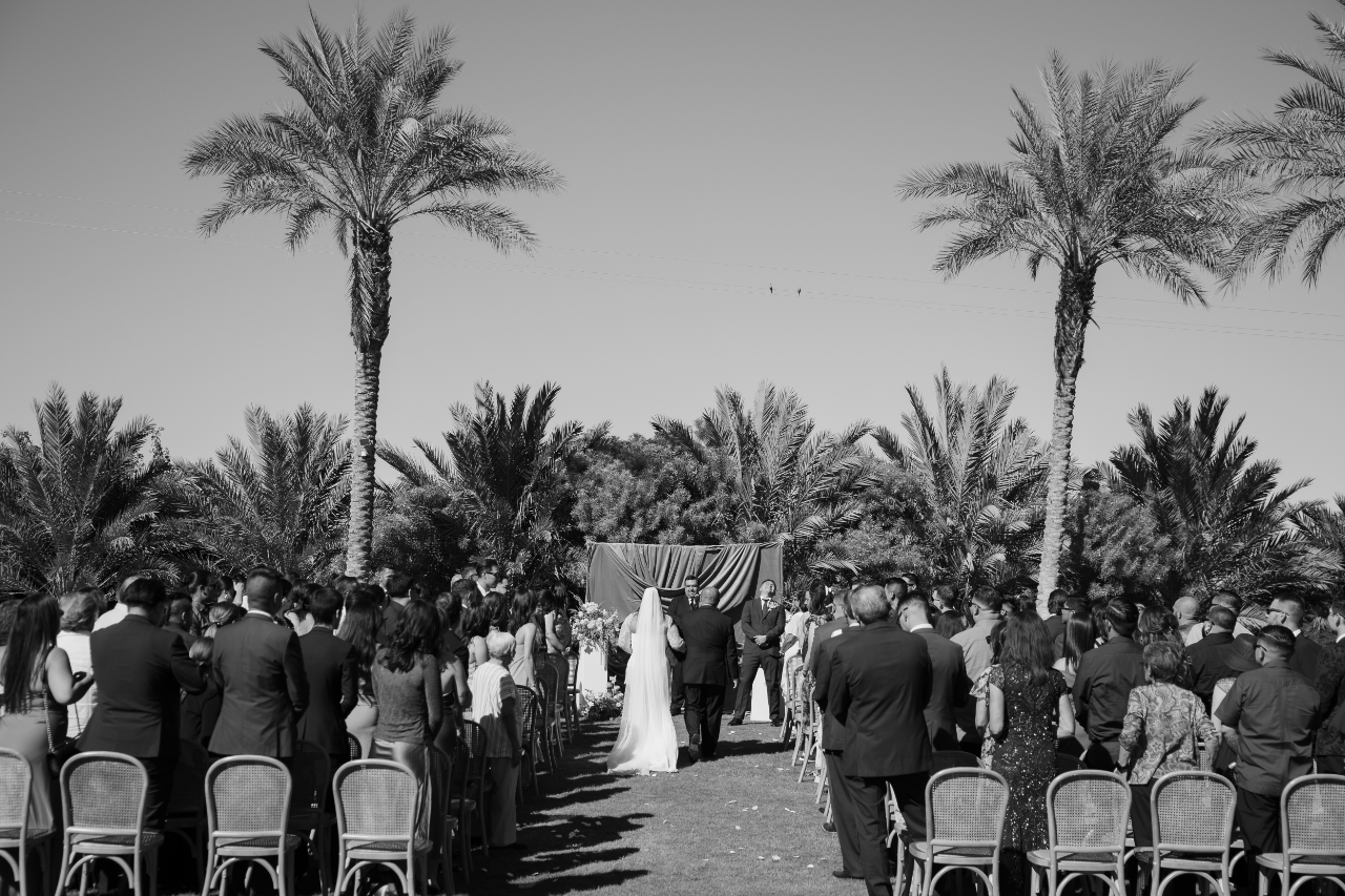 A timeless black and white ceremony perspective.