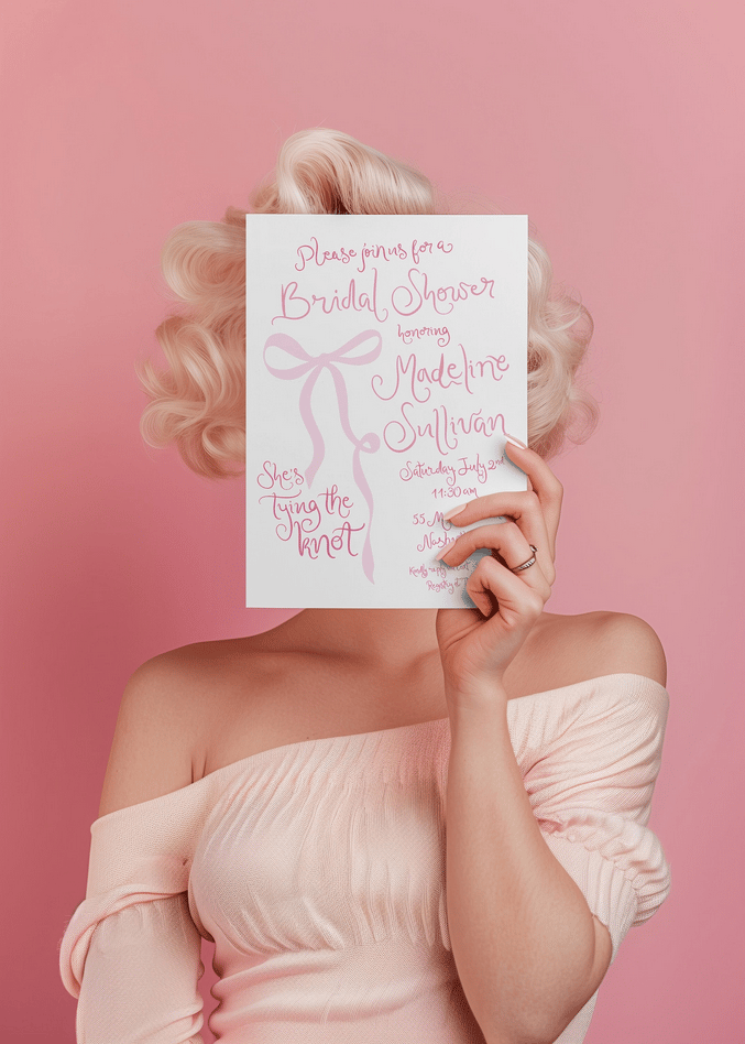 Hand-Drawn Bridal Shower Invitations: Coquette Pink Bow, Tying the Knot