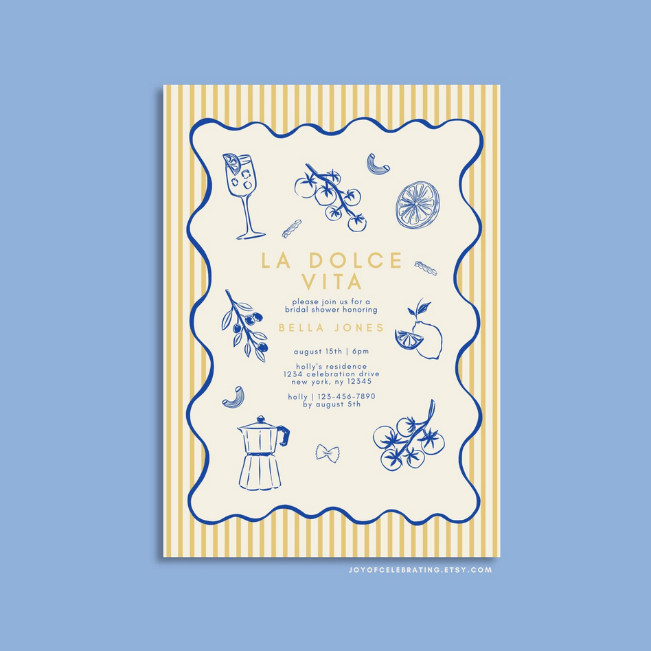 La Dolce Vita Bridal Shower Invitation Template in Yellow and Blue