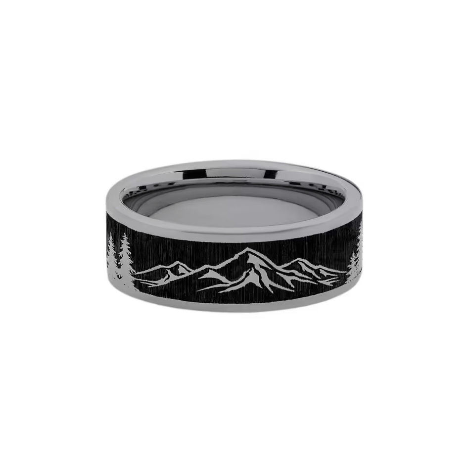 Lashbrook Men's Flat Band with Mountain Engraving in Tantalum, 8MM