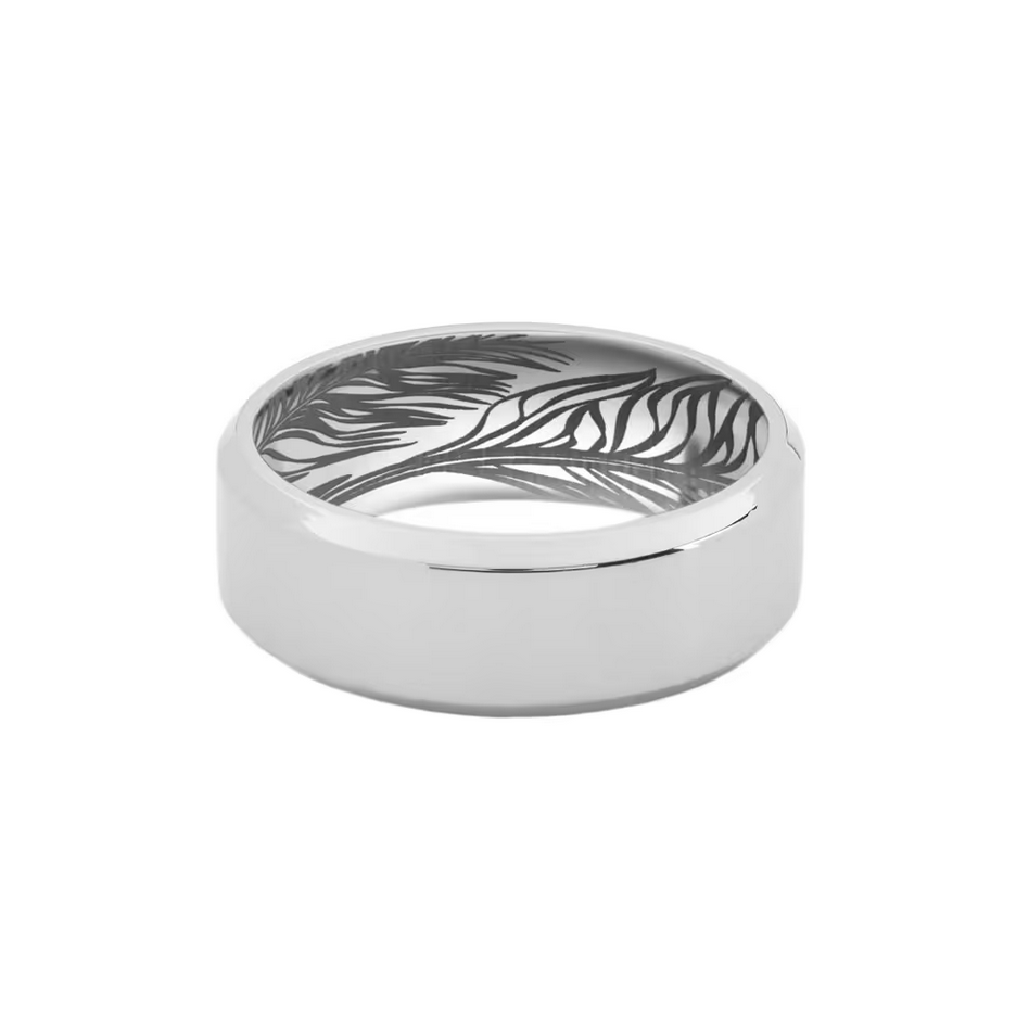 Lashbrook Men's High Bevel Band with Interior Feather Engraving in Titanium, 8MM