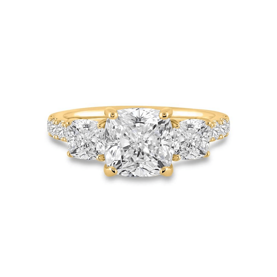 Lab Grown Diamond Cushion Center Three-Stone Engagement Ring in 14K Yellow Gold (4 ct. tw.)