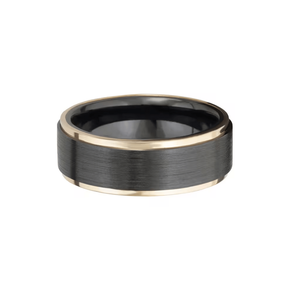 Lashbrook Men’s Wedding Band with 14K Yellow Gold in Black Zirconium, 8mm