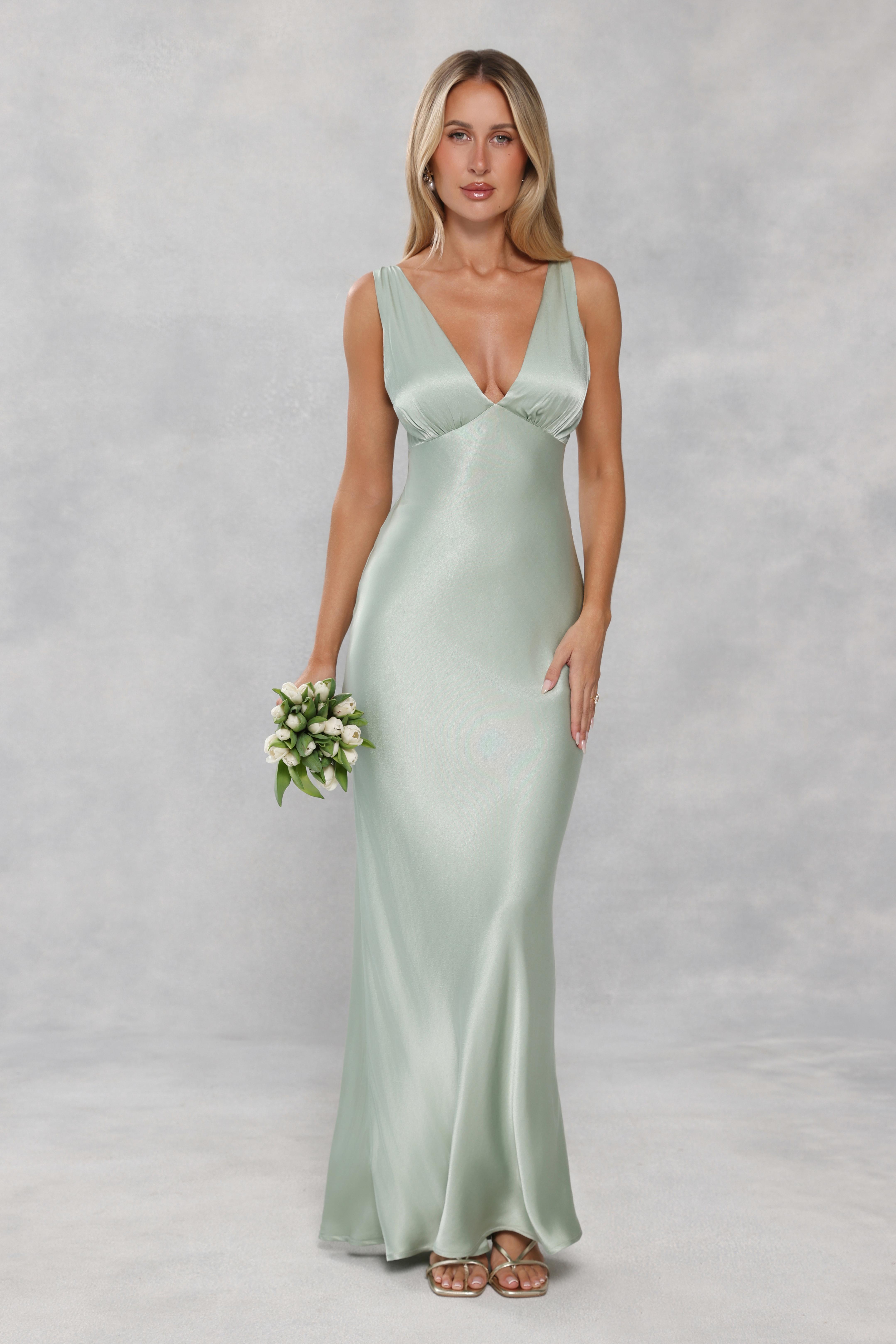 The Isabeau Satin Maxi Dress Sage Green