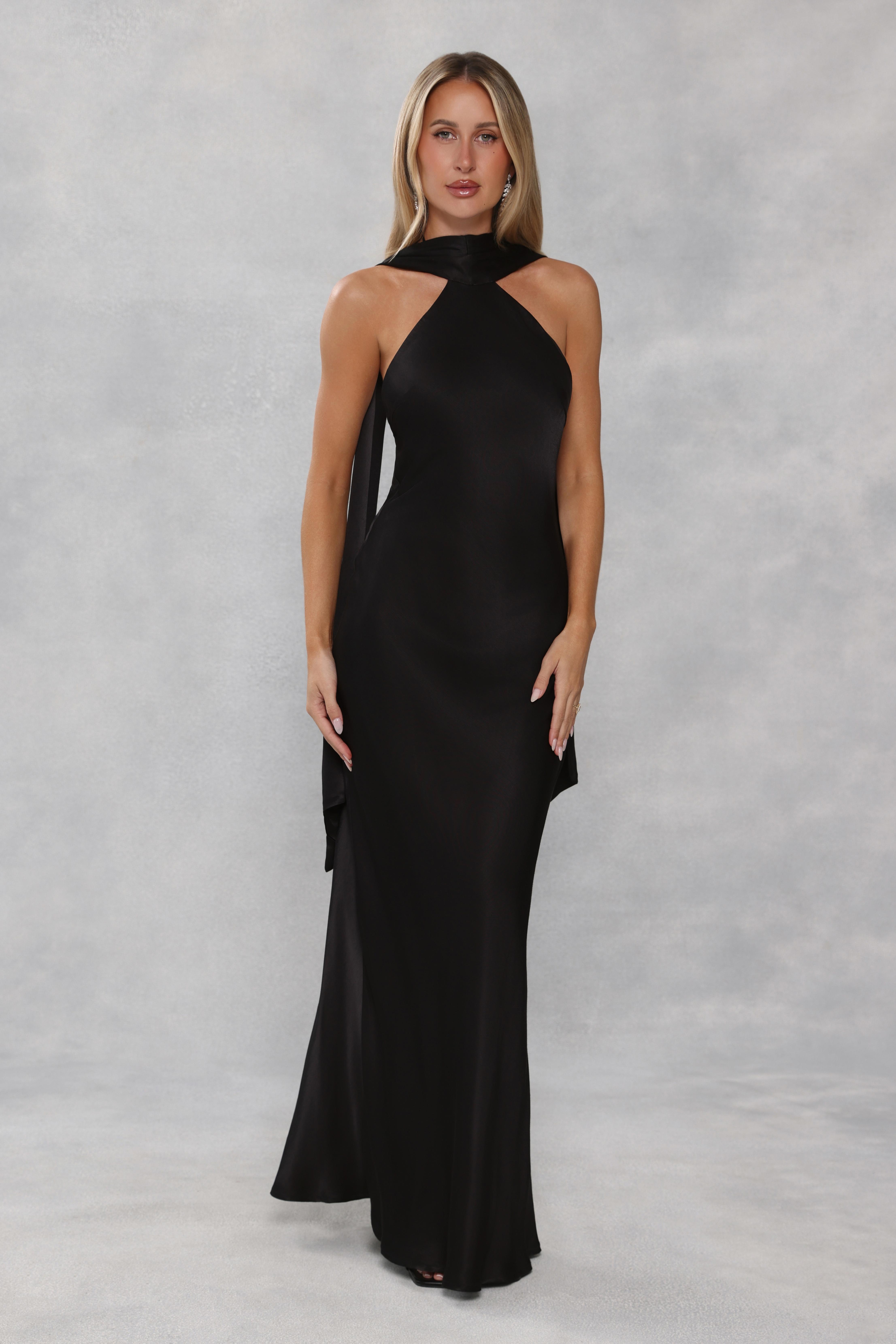 The Vivia Halter Satin Maxi Dress Black