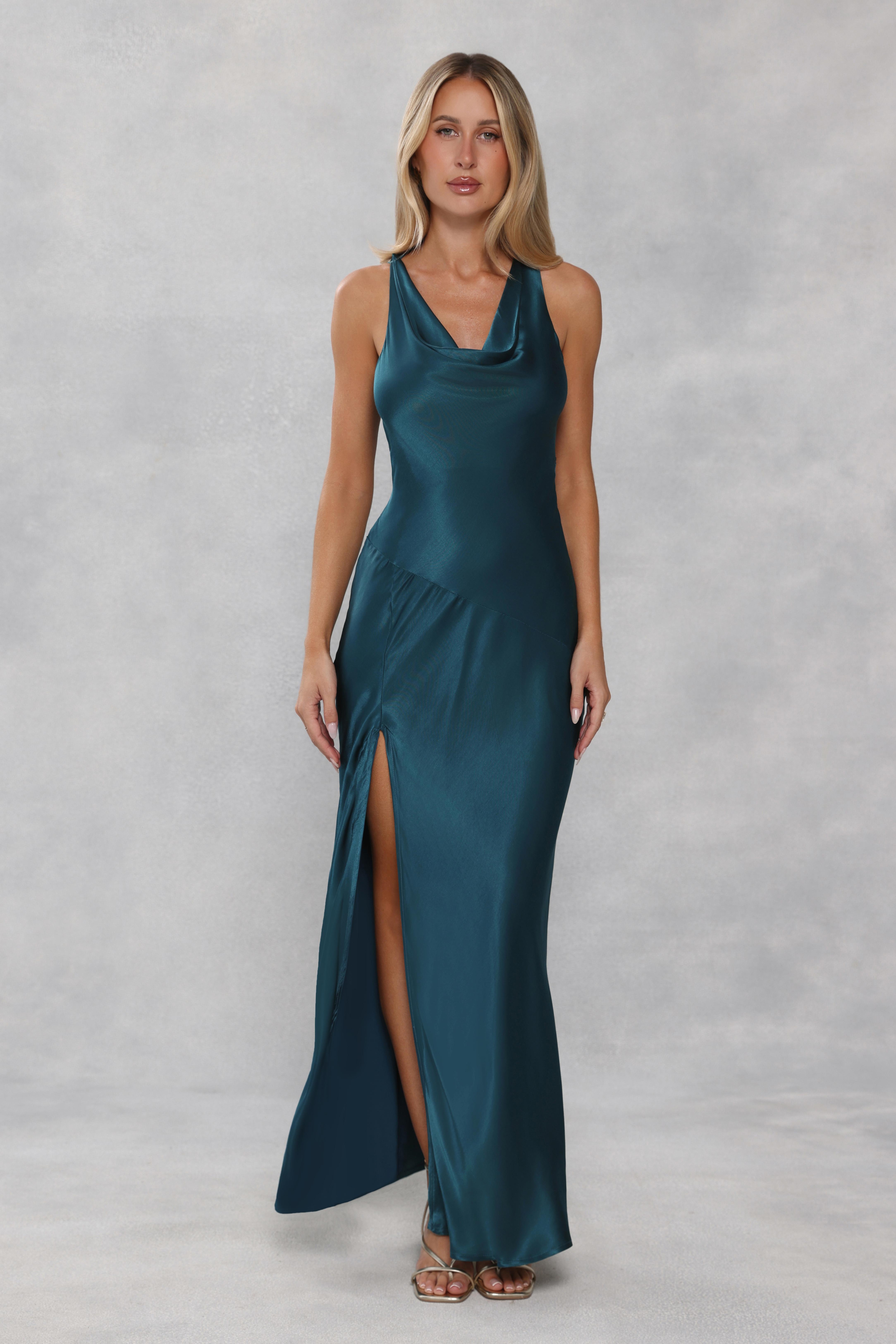 The Loretta Cowl Satin Maxi Dress Teal
