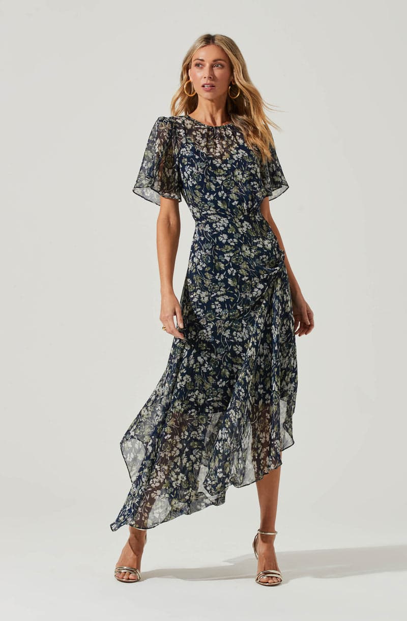 Flutter Sleeve Asymmetric Maxi Dress