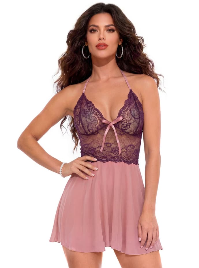 Plum Lace and Mesh Babydoll Set