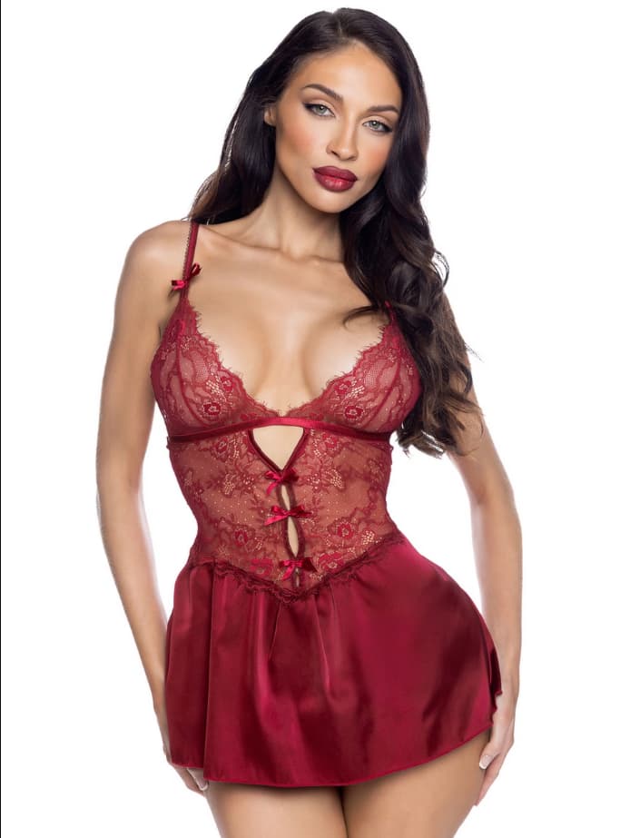 Paradise Dream Burgundy Lace and Satin Babydoll Set