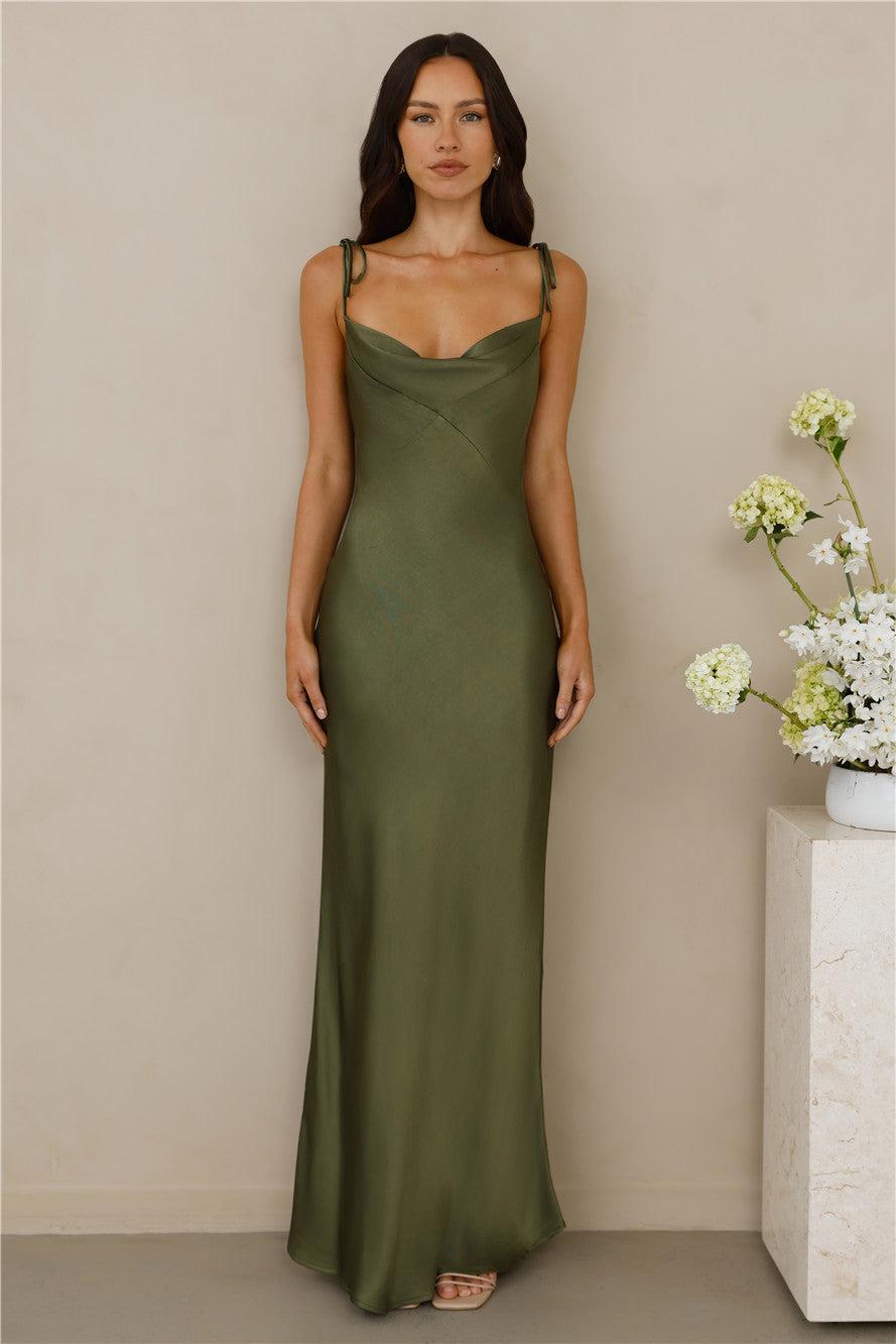 The Penelope Cowl Satin Maxi Dress Olive