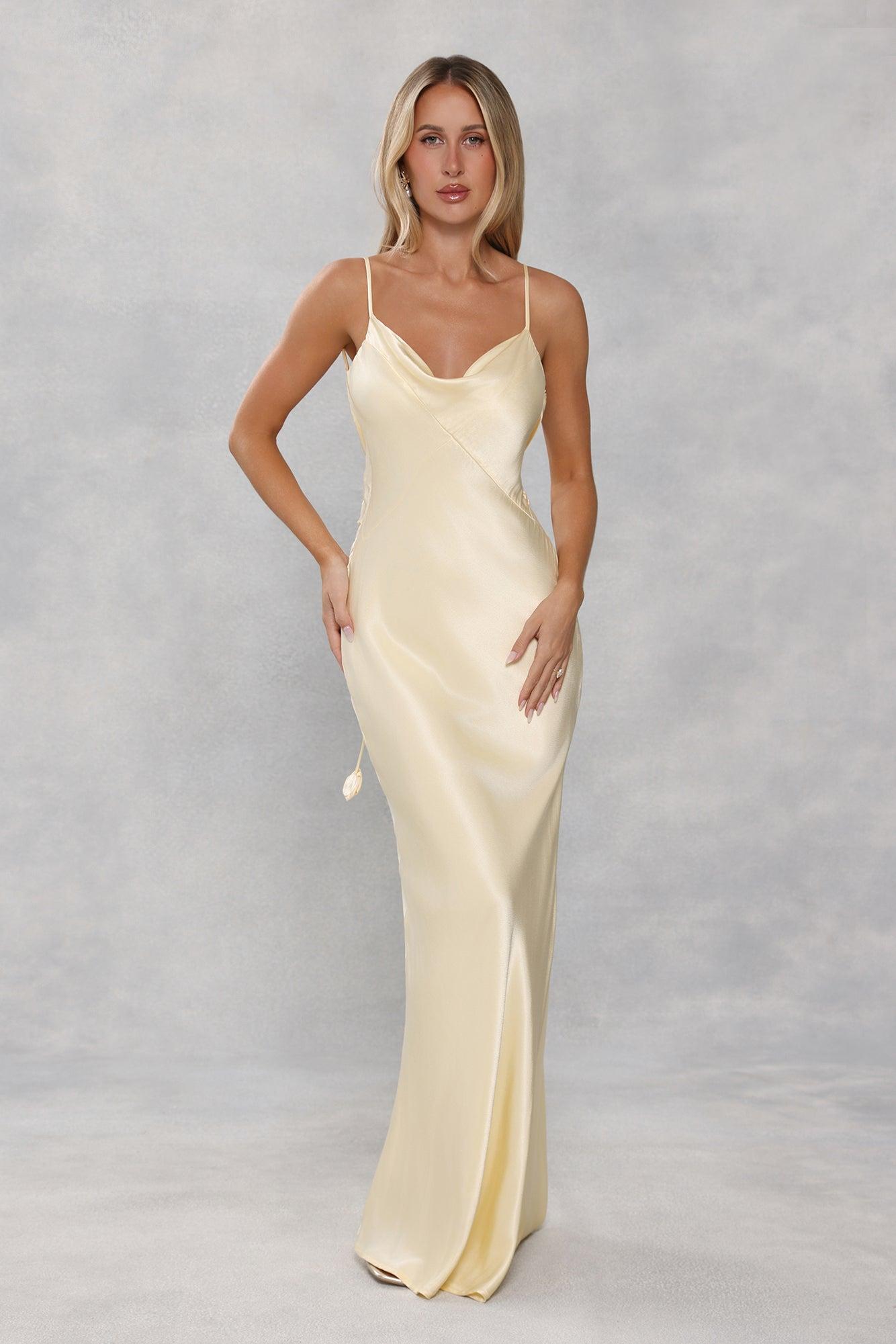 The Flora Satin Maxi Dress Yellow