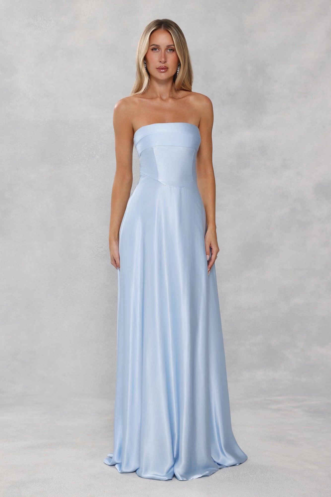 The Serina Strapless Satin Maxi Dress Light Blue